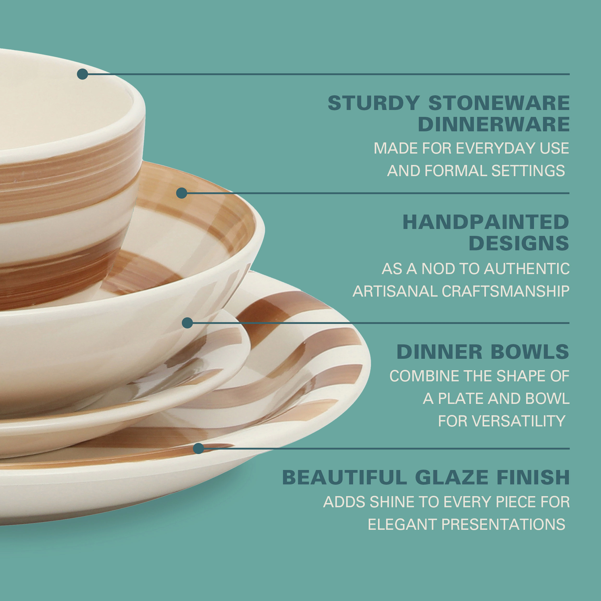 Gibson Home Kenwood Shore 16 Piece Round Stoneware Double Bowl Dinnerware Set in Brown