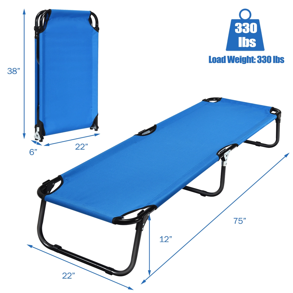 SUGIFT Folding 75-in Camping Cot Portable Military-Style Sleeping Bed 330-lb Capacity Gray/Blue/Black