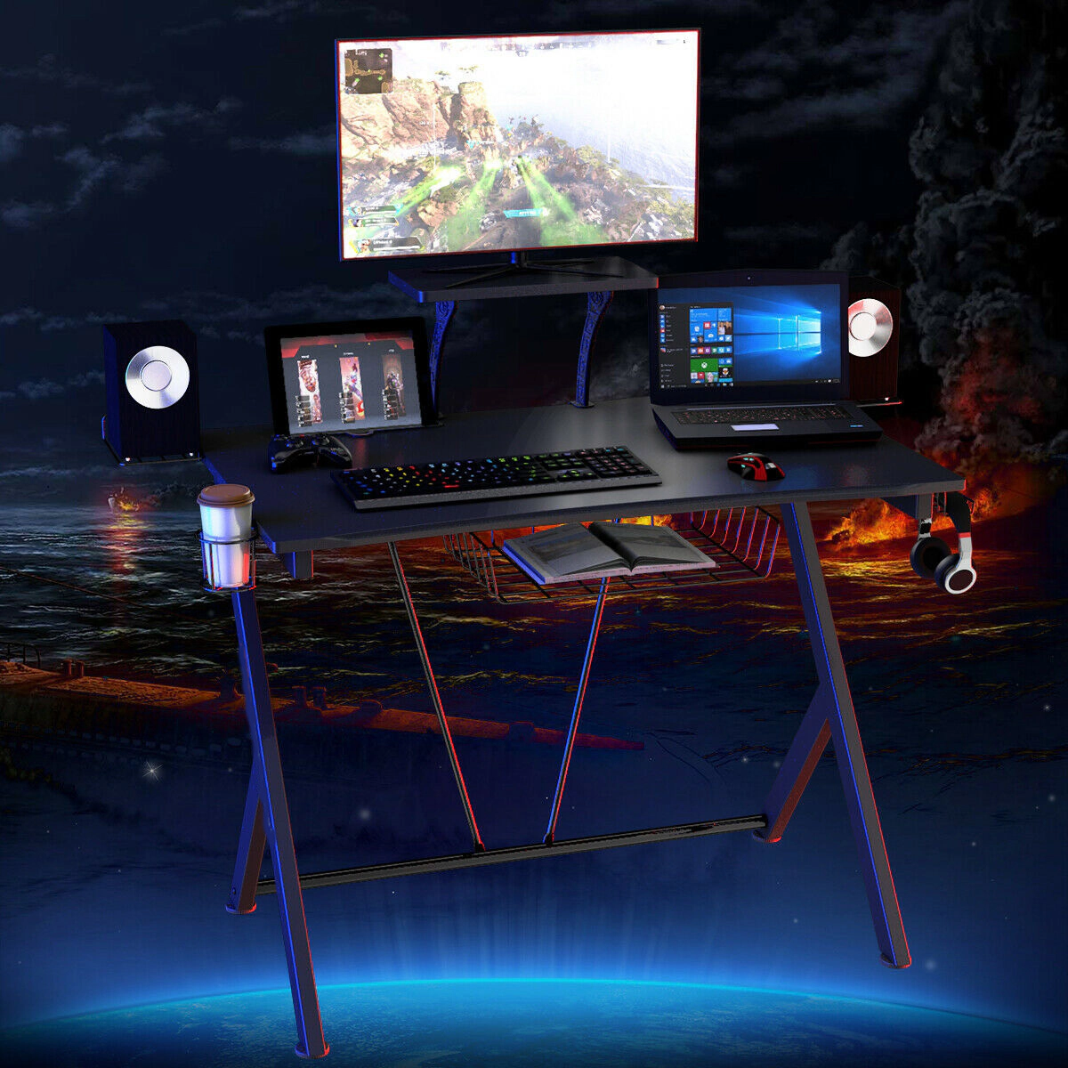 SUGIFT 52-Inch Black Curved Gaming Desk with Cup Holder and Monitor Shelf