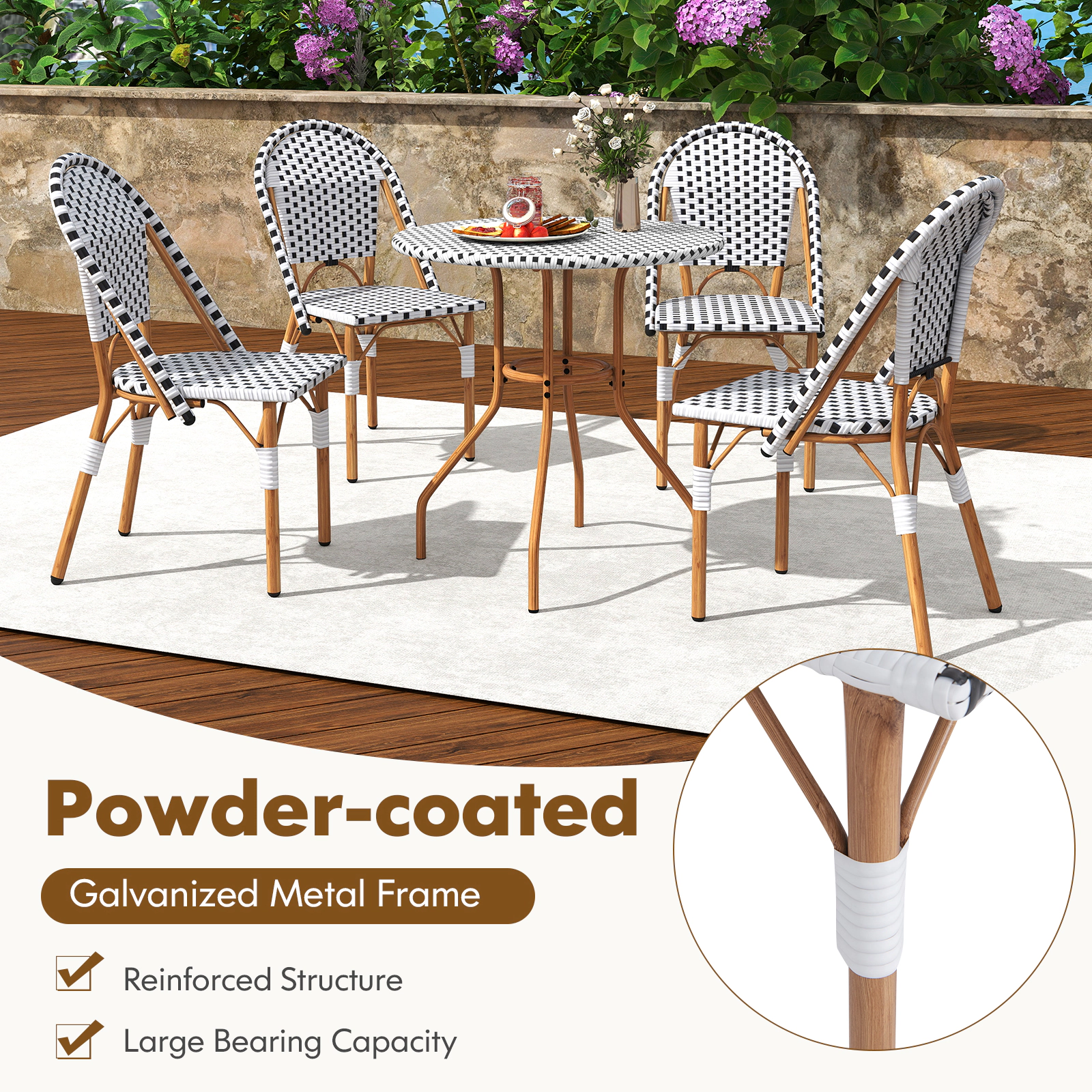 SUGIFT 3 Piece French Bistro Table & Chair Set Woven PE Rattan 110-lb Table 330-lb Chair Capacity Black/White Natural