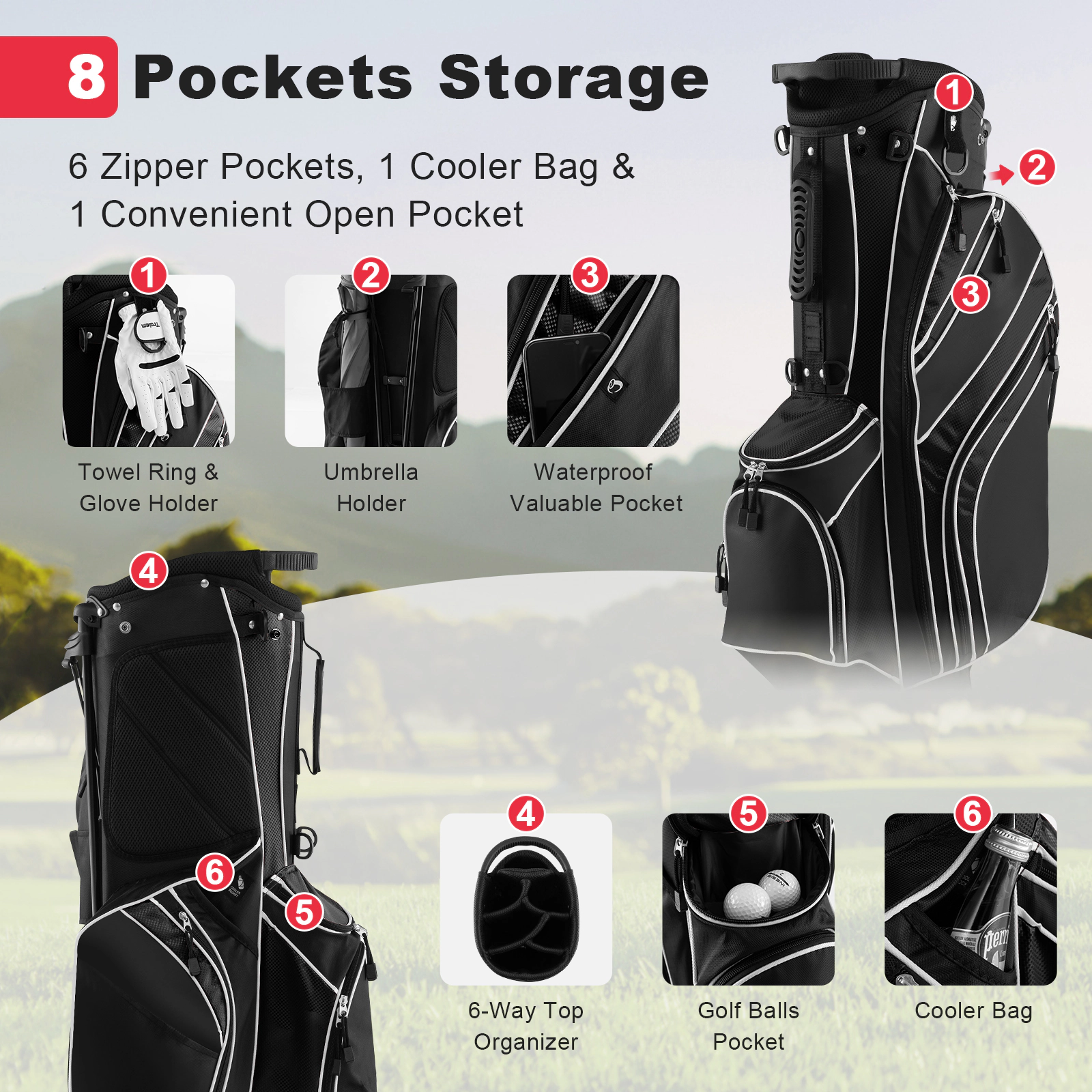 Golf Carry Stand Bag 6-Way Top 8 Pockets Self-Deploying Legs Padded Straps 32.5-in Black Lightweight Golf Bag
