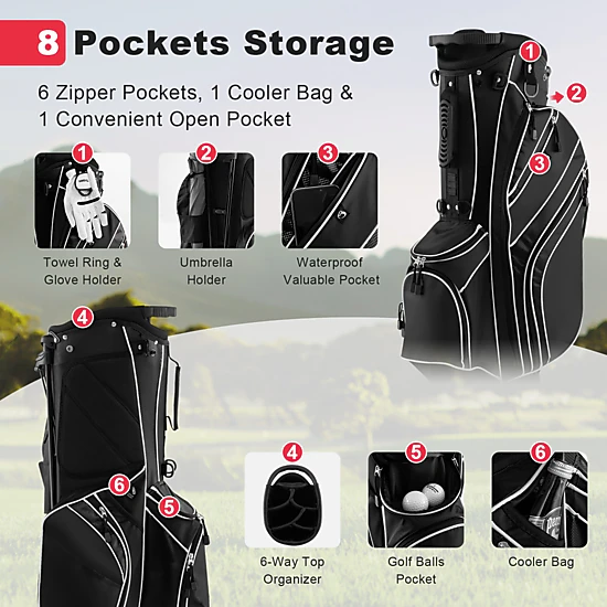 Golf Carry Stand Bag 6-Way Top 8 Pockets Self-Deploying Legs Padded Straps 32.5-in Black Lightweight Golf Bag