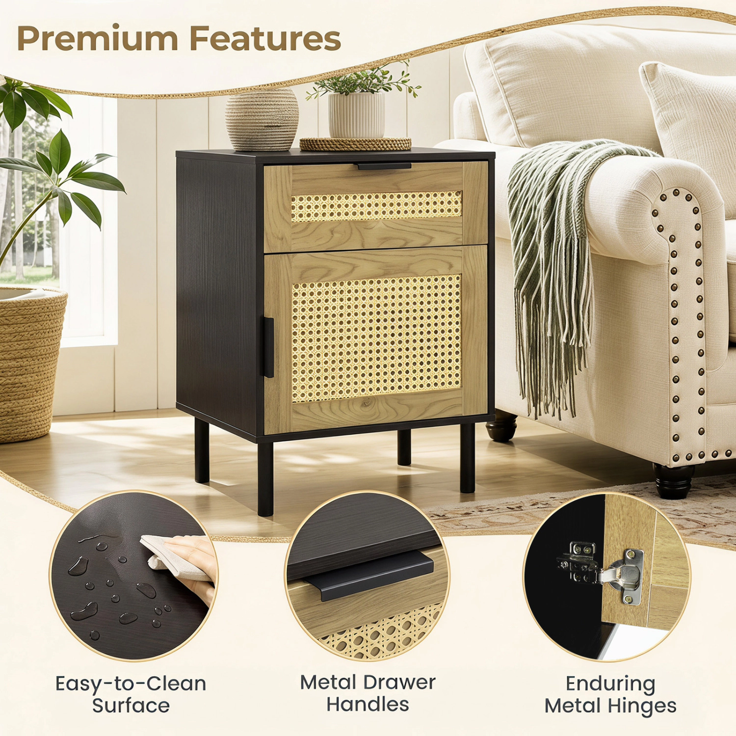 LJG Rattan Nightstand with Drawer and Storage Cabinet for Bedroom Dorm