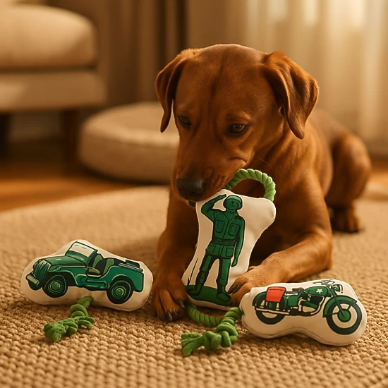 Dog Chew Toy Set - 3-Pack Retro Army Canvas & Fleece Toys with Rope ...