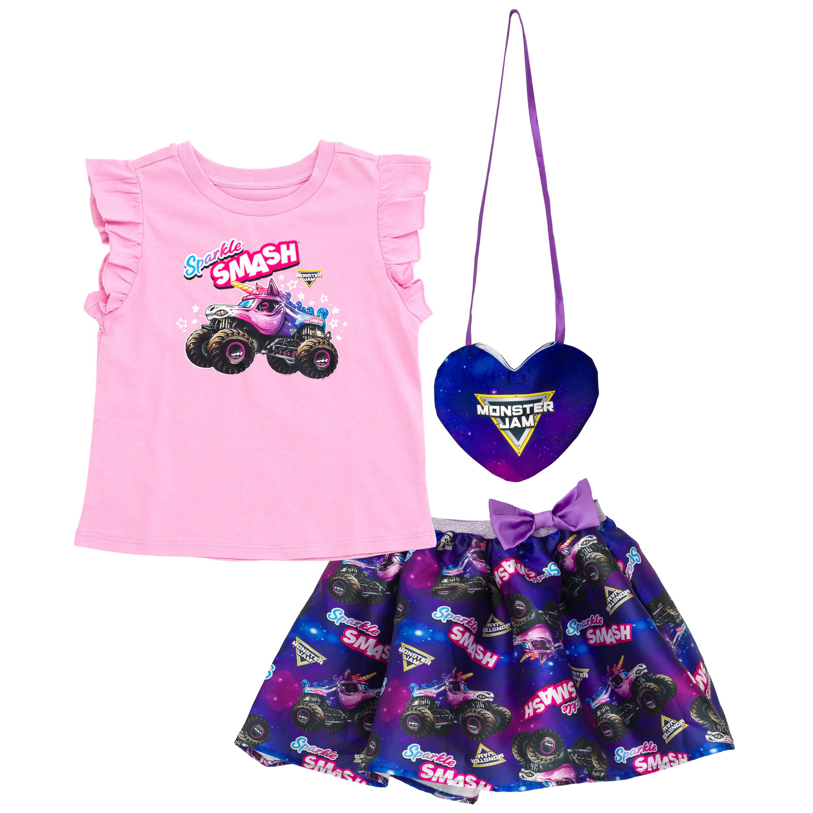 Monster Jam Sparkle Smash Girls' Shirt and Skirt Set with Bag