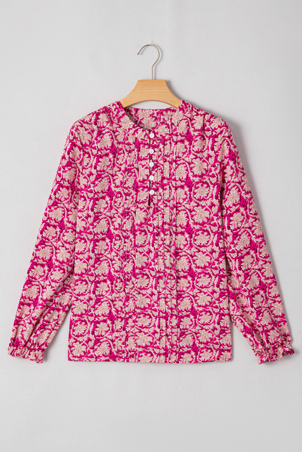 Threaded Pear Women's Pink Floral Print Split Neck Pleated Puff Sleeve Blouse
