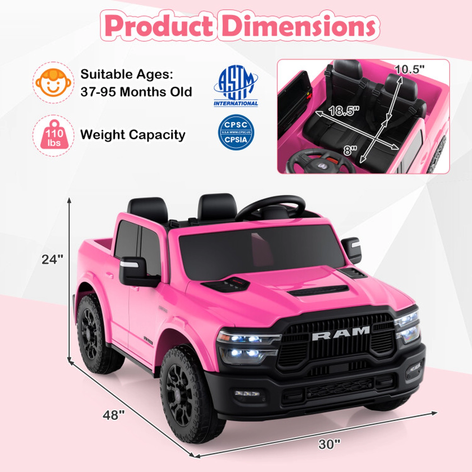 SUGIFT Pink Remote Control and Music 24V 2-Seater Licensed Ram Big Kids Ride On Truck