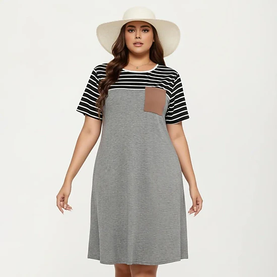 Anna-Kaci Women's Plus Size Short Sleeve Stripe Contrast Top Color Block T Shirt Dress