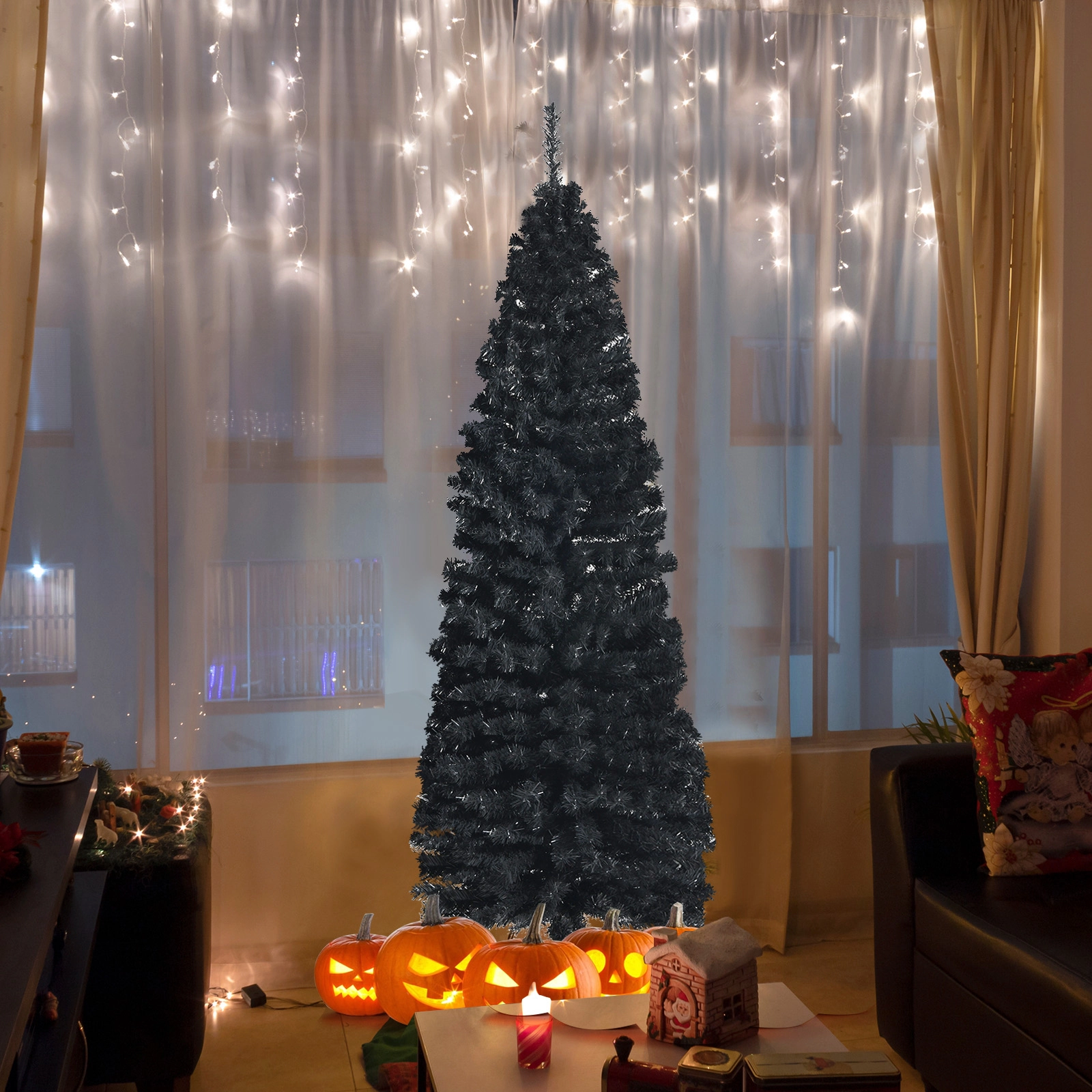 Glintex 6-Ft Black Pencil Tree with 520 Tips and Folding Metal Stand, Black