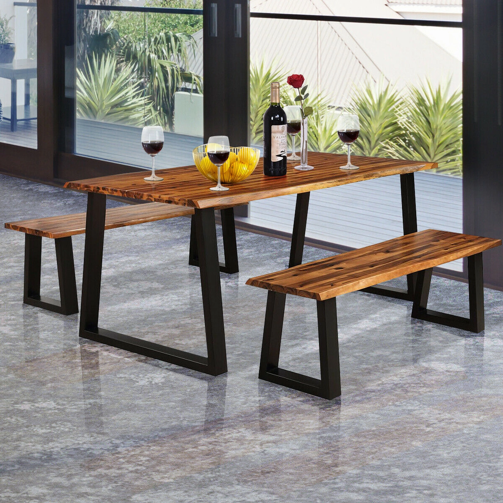 SUGIFT 57.5 in Acacia Wood Patio Bench Backless Dining Bench with Trapezium Metal Legs