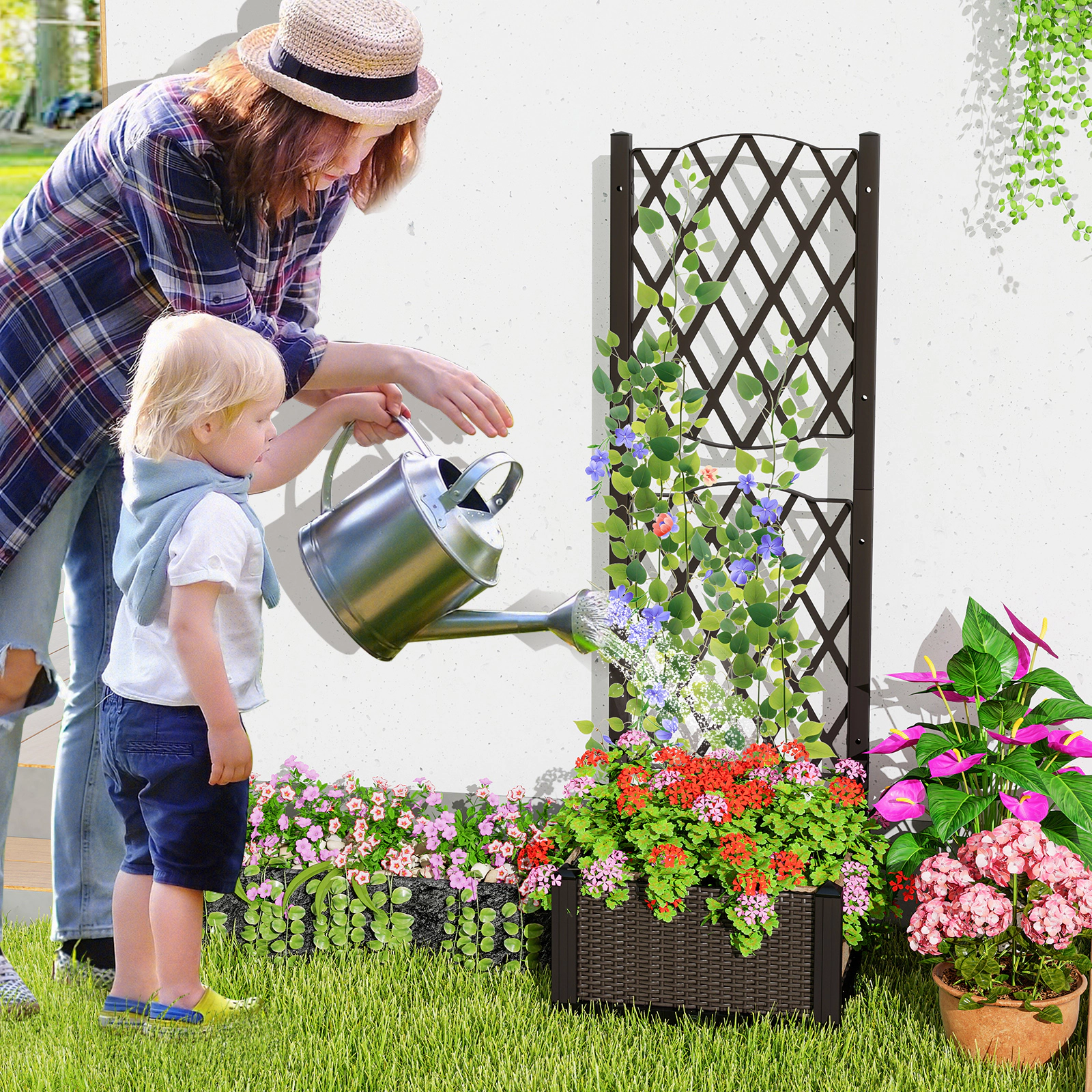 SlickBlue Outdoor Garden Bed with Water Storage Tray and Trellis