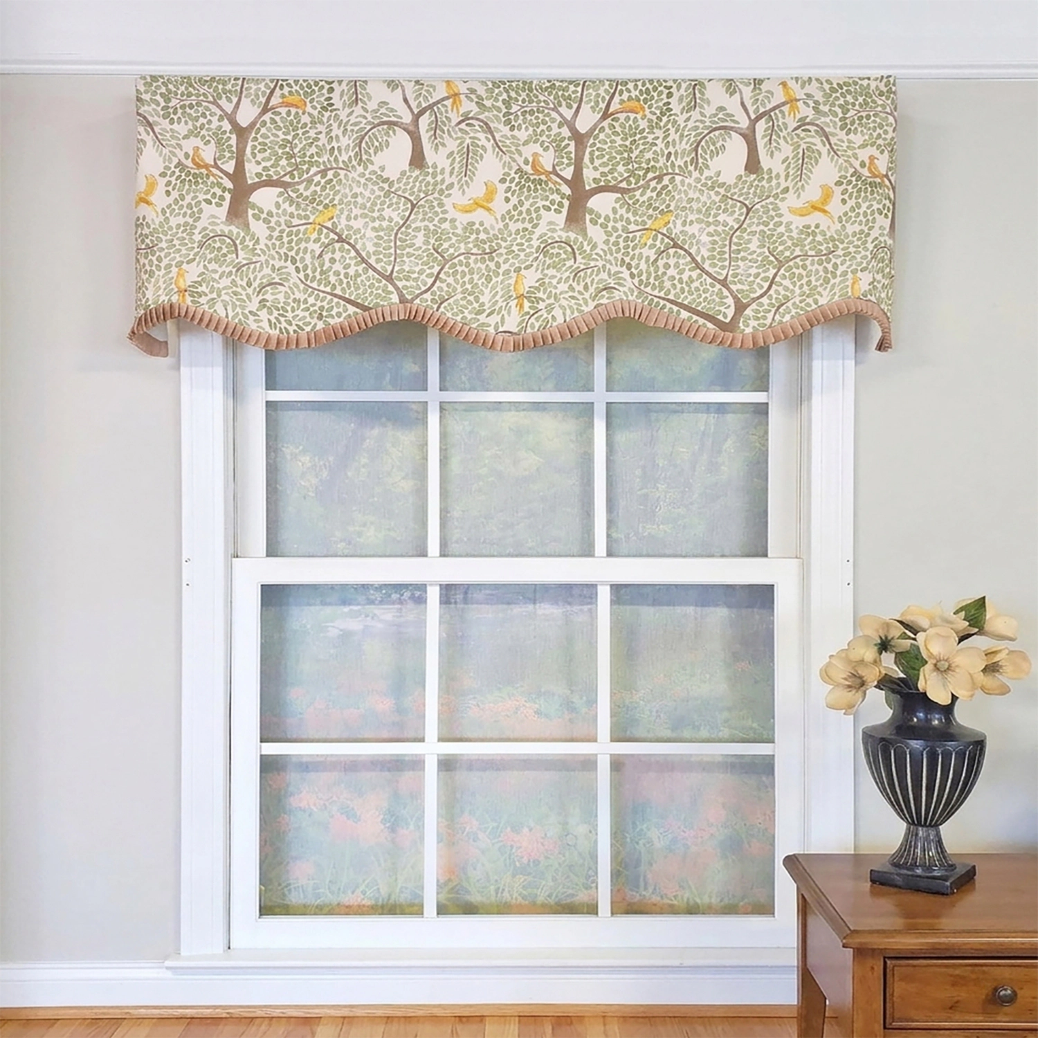 RLF Home Tree Bird Ruffled Provance Window Valance 100% Cotton Lined Rod Pocket 50" x 17" Green
