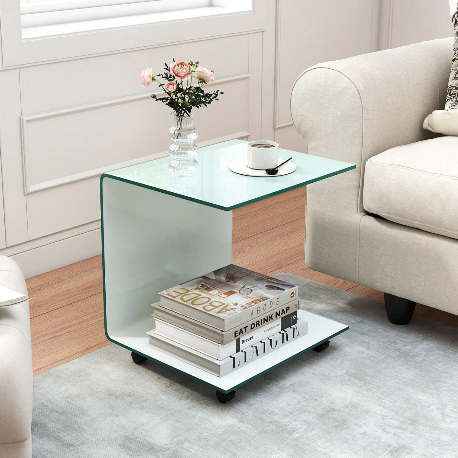 SlickBlue Mobile Side Table with Lockable Wheels, Glass Surface and Open Storage