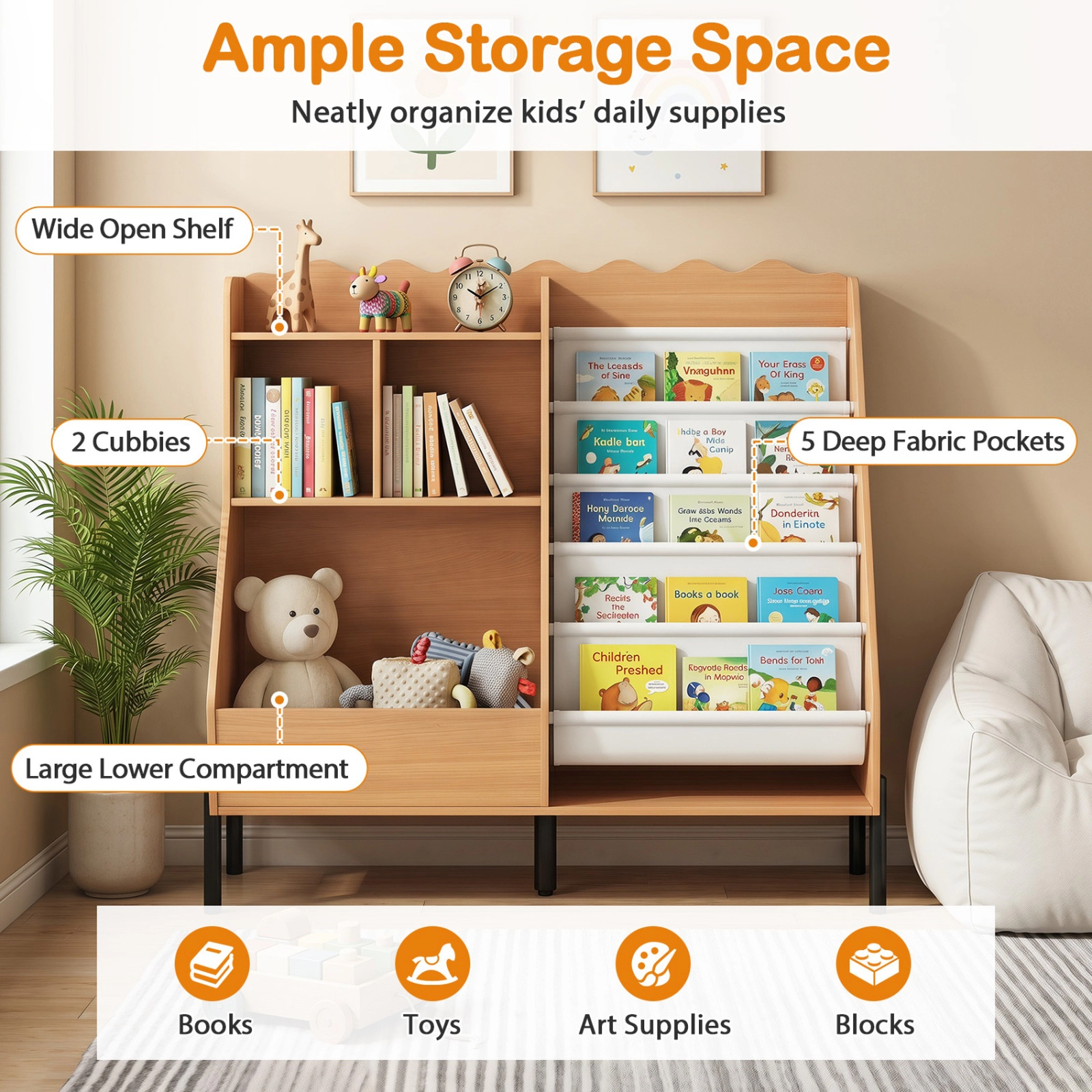 SUGIFT Kids 5 Fabric Pockets Front-Facing Metal Legs Wooden Bookcase 39.5-in x 15-in x 36.5-in Ages 3+ Natural