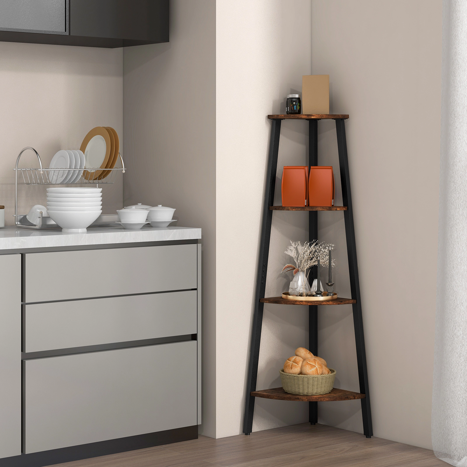 COSTWAY 4-Tier Corner Shelf Metal Storage Rack Bookcase Plant Display Stand Natural