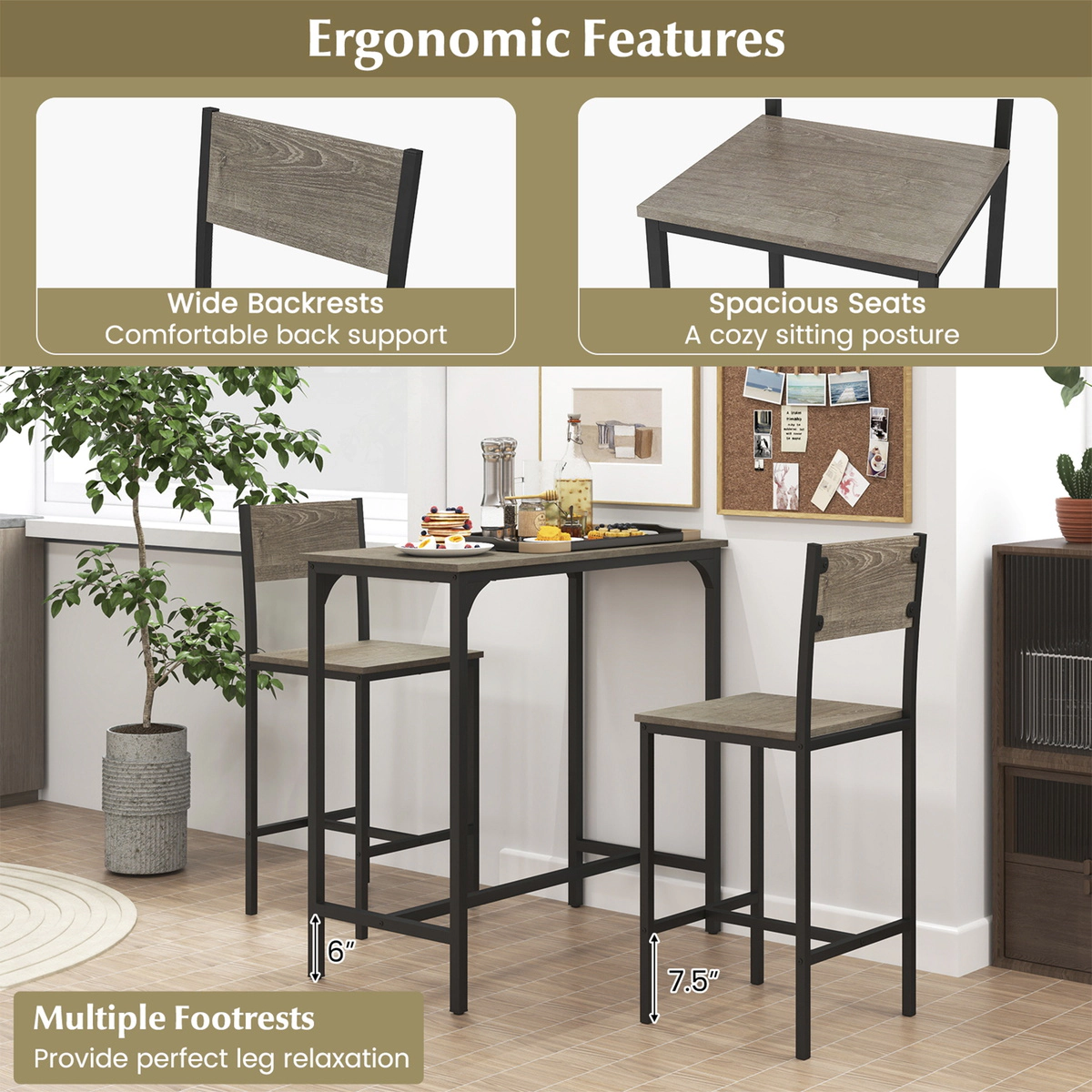 SUGIFT Gray Backrest Chairs and Footrests for Small Spaces 3-Piece Bar Table Set