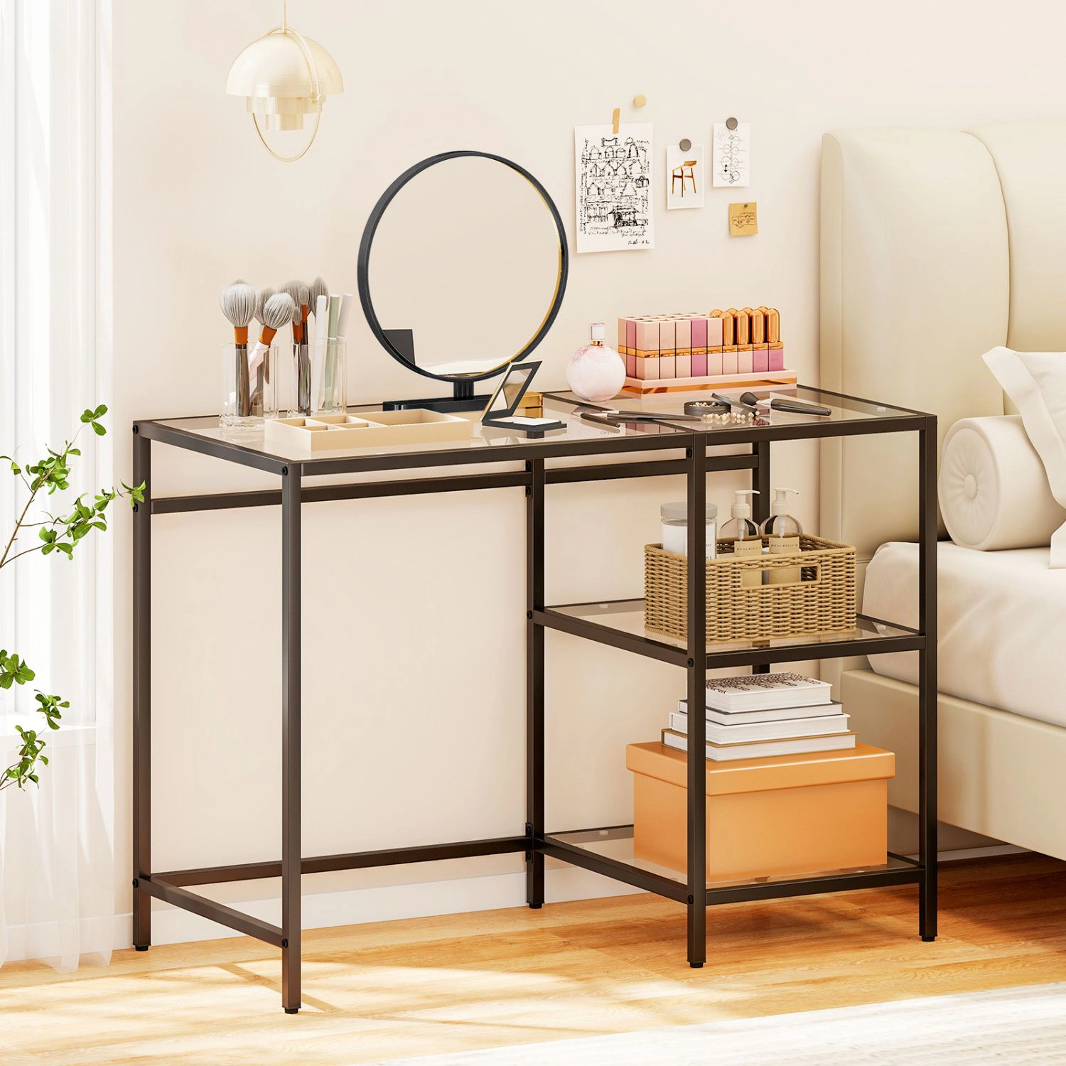 SlickBlue 42 Inch Glass Console Table with 2 Tier Storage Shelves