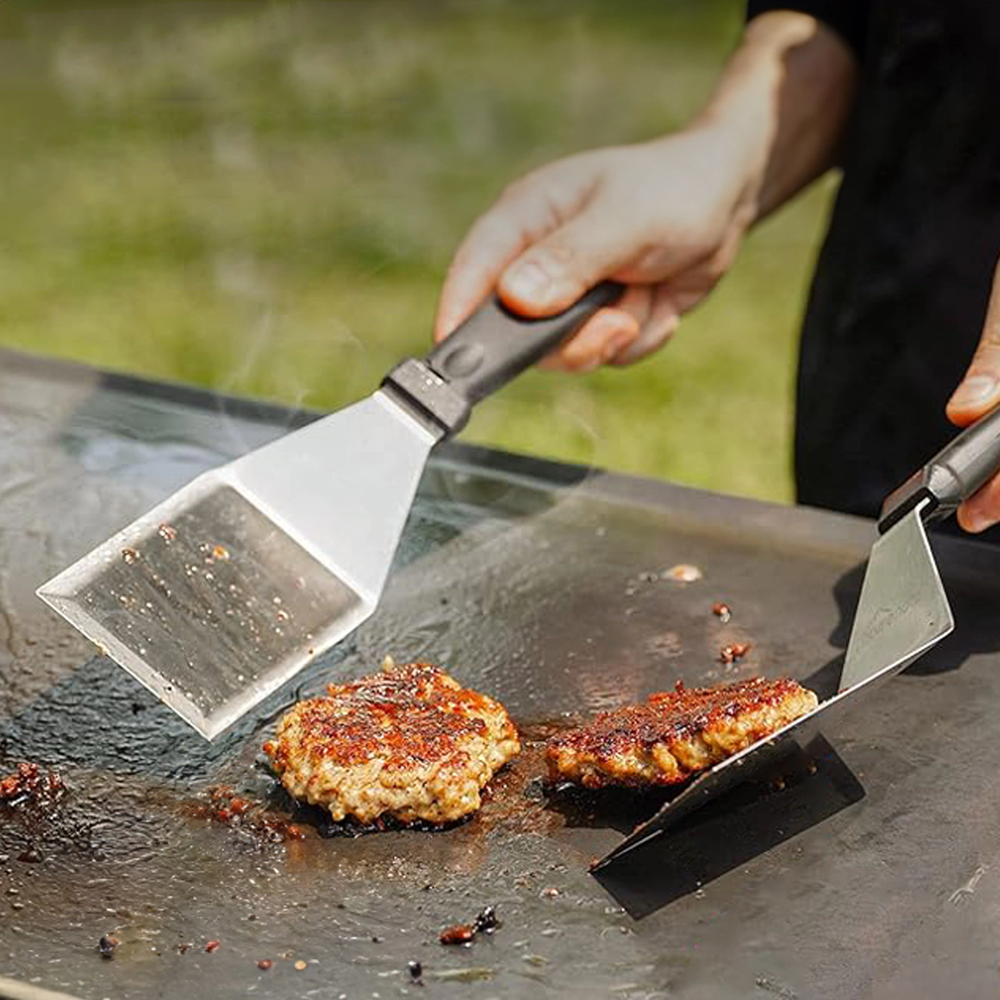 Cheer Collection 7 Piece Stainless Steel Griddle Tool Set with Locking Tongs