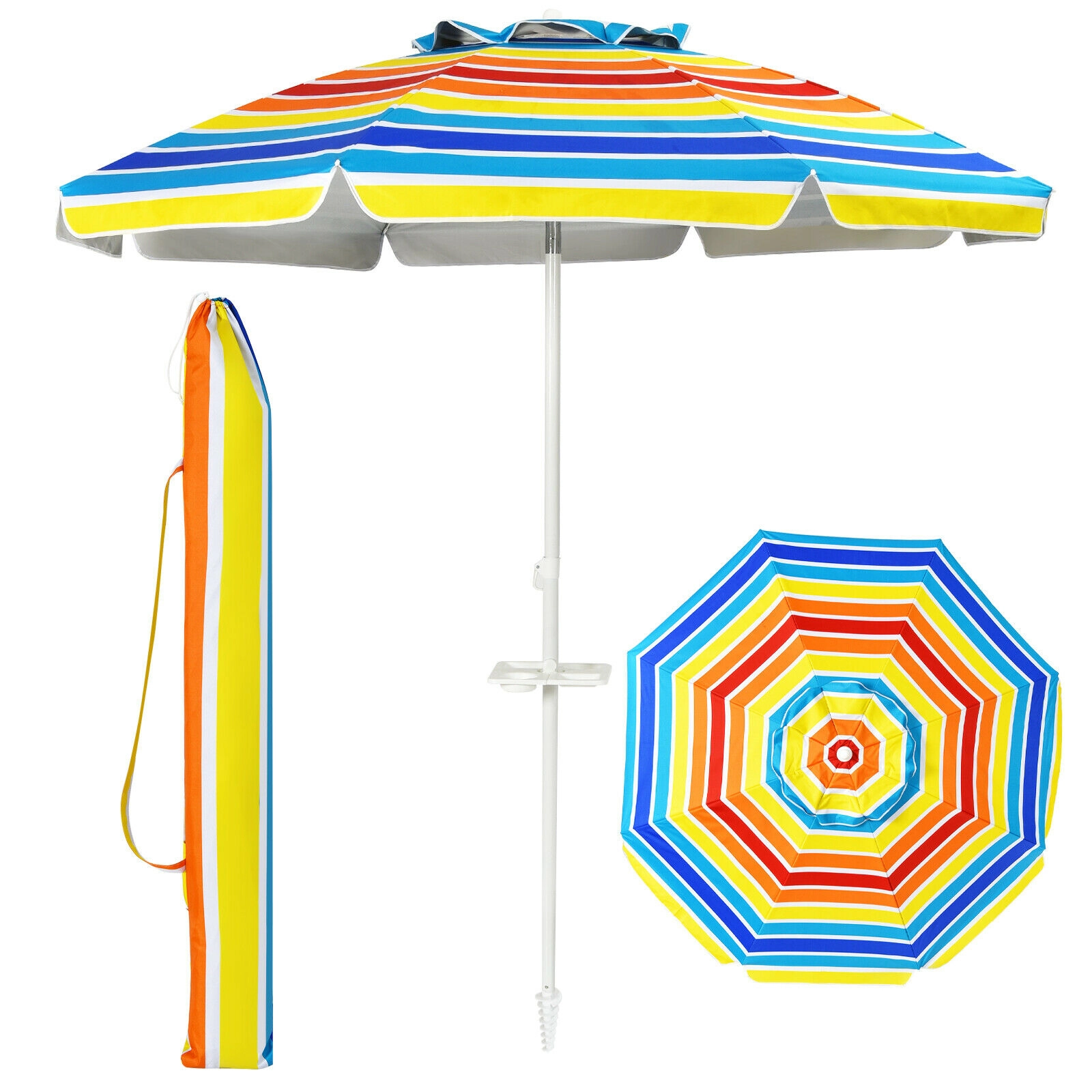 SUGIFT 7.2-ft Portable Beach Umbrella with Integrated Sand Anchor Adjustable Tilt 8 Ribs and Carry Bag