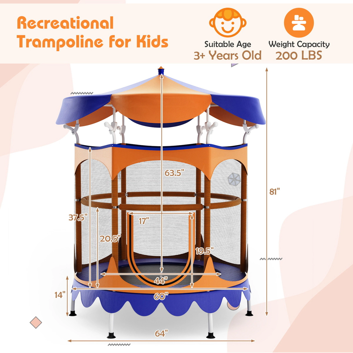 SUGIFT Detachable Canopy and Safety Enclosure Net 64 Inch Kids Trampoline