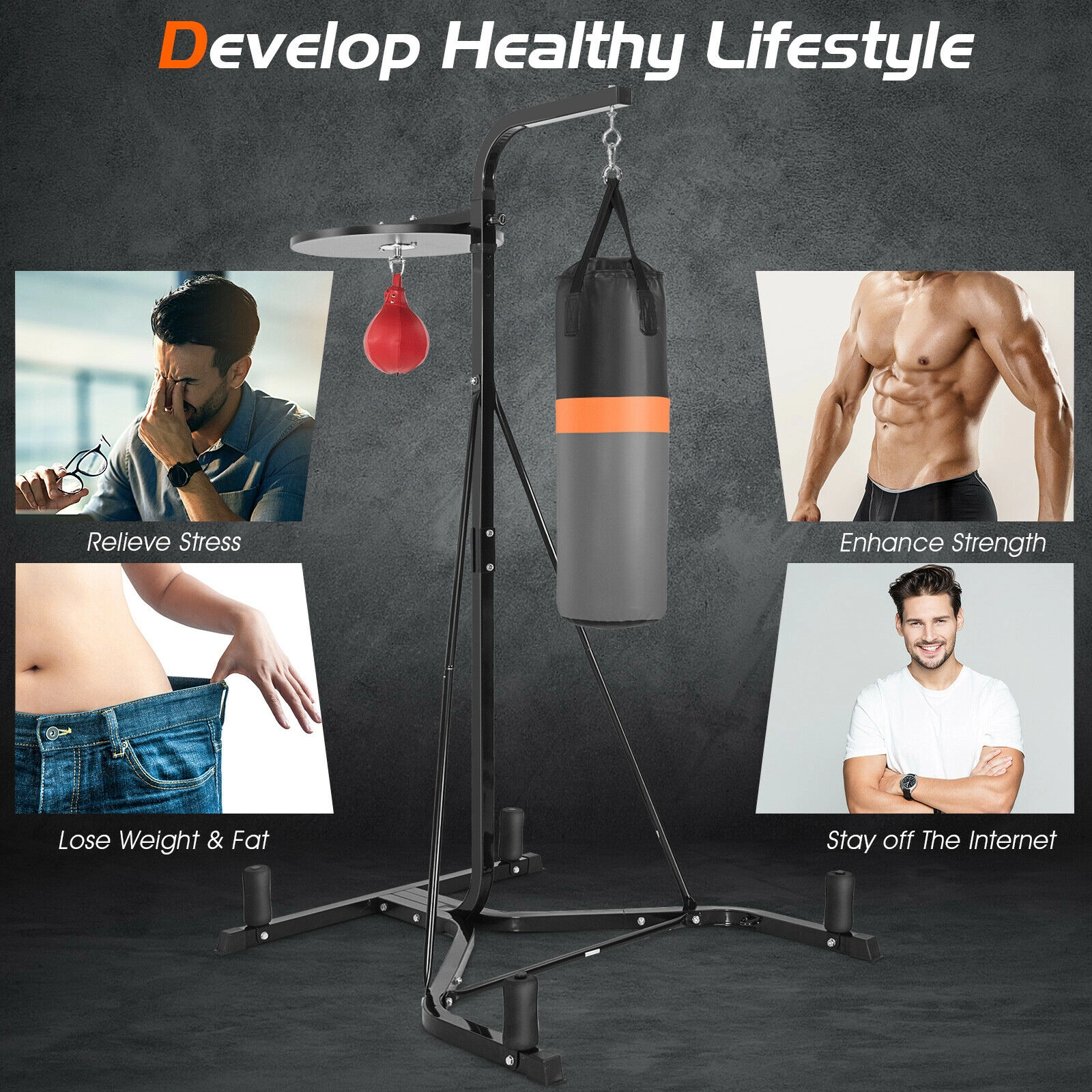 SUGIFT Heavy Duty Boxing Punching Stand with Heavy Bag and Speed Bag 220-lb Capacity Adjustable Speed Bag Gray