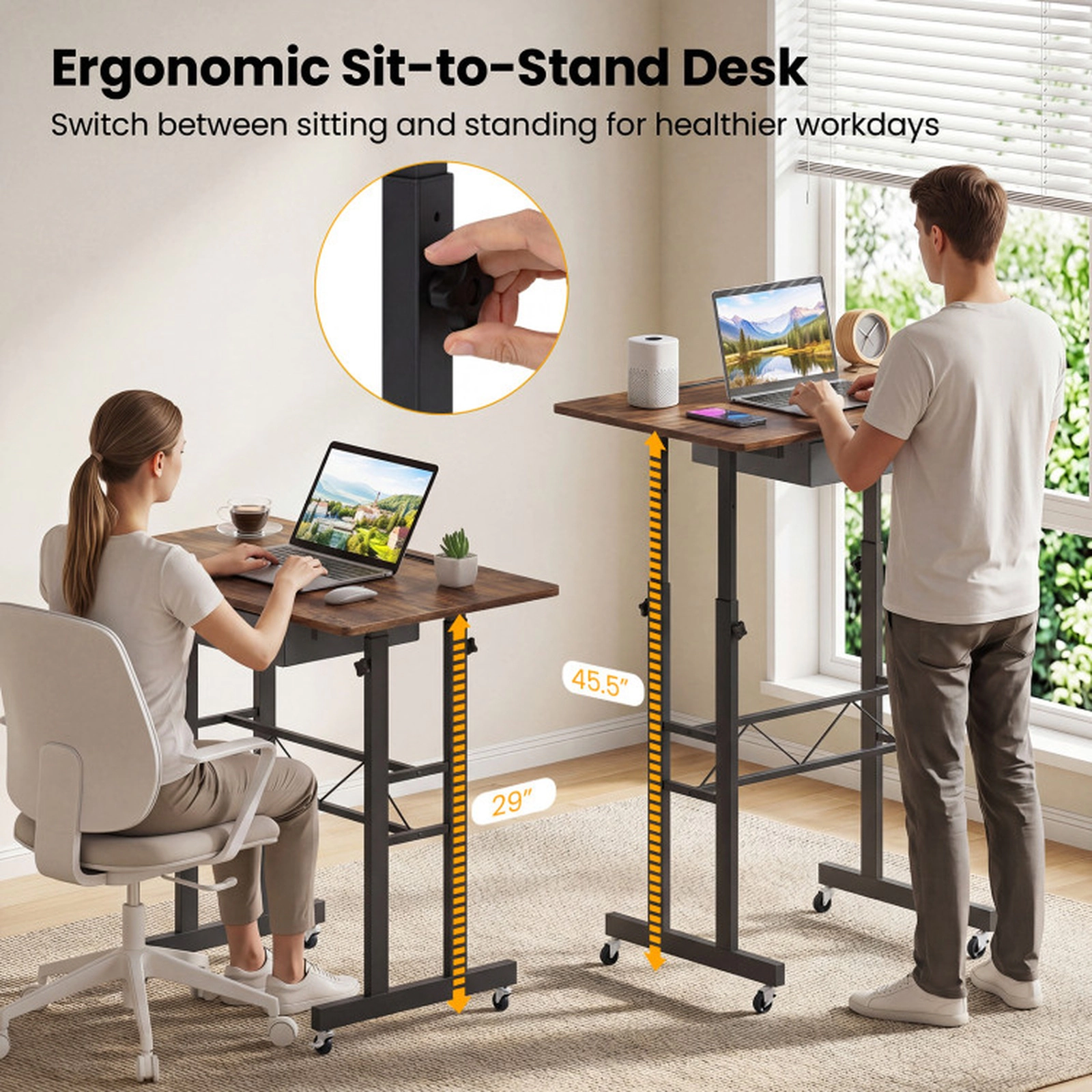 SUGIFT Height Adjustable Laptop Standing Desk with Fabric Drawer and Tablet Holder 45-lb Tabletop Rustic Brown