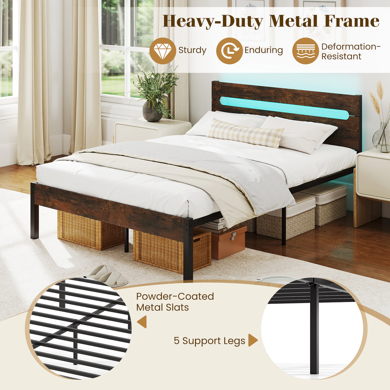 SUGIFT Metal Slats Support Bed Frame with LED Lighting & Charging Station 880-lb Capacity Rustic Brown + Black