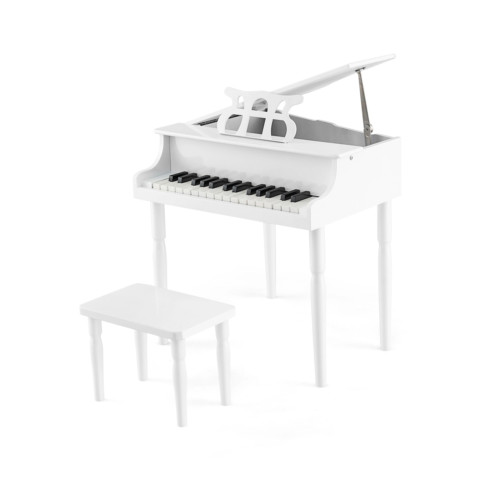 SUGIFT White 30-Key Wood Kids Grand Piano with Bench Music Rack and Child-Friendly Curved Angles