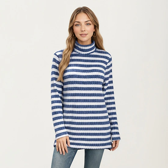 Anna-Kaci Women's Striped Ribbed Turtleneck Tunic Length Relaxed Fit Long Sleeve Pullover Top