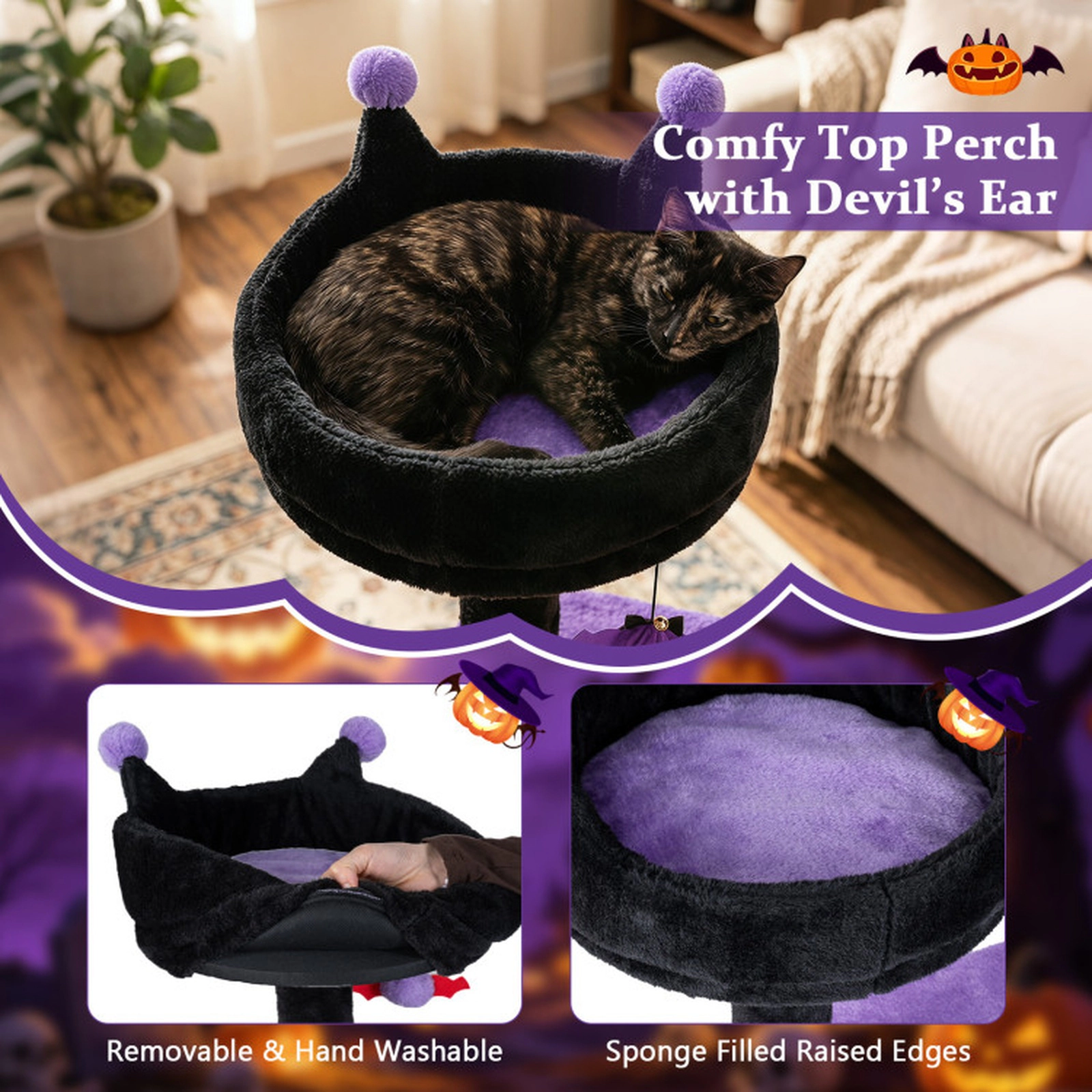 SUGIFT Purple 57 in Spooky Cat Tower with Ghost Platform and Spider Hanging Toy