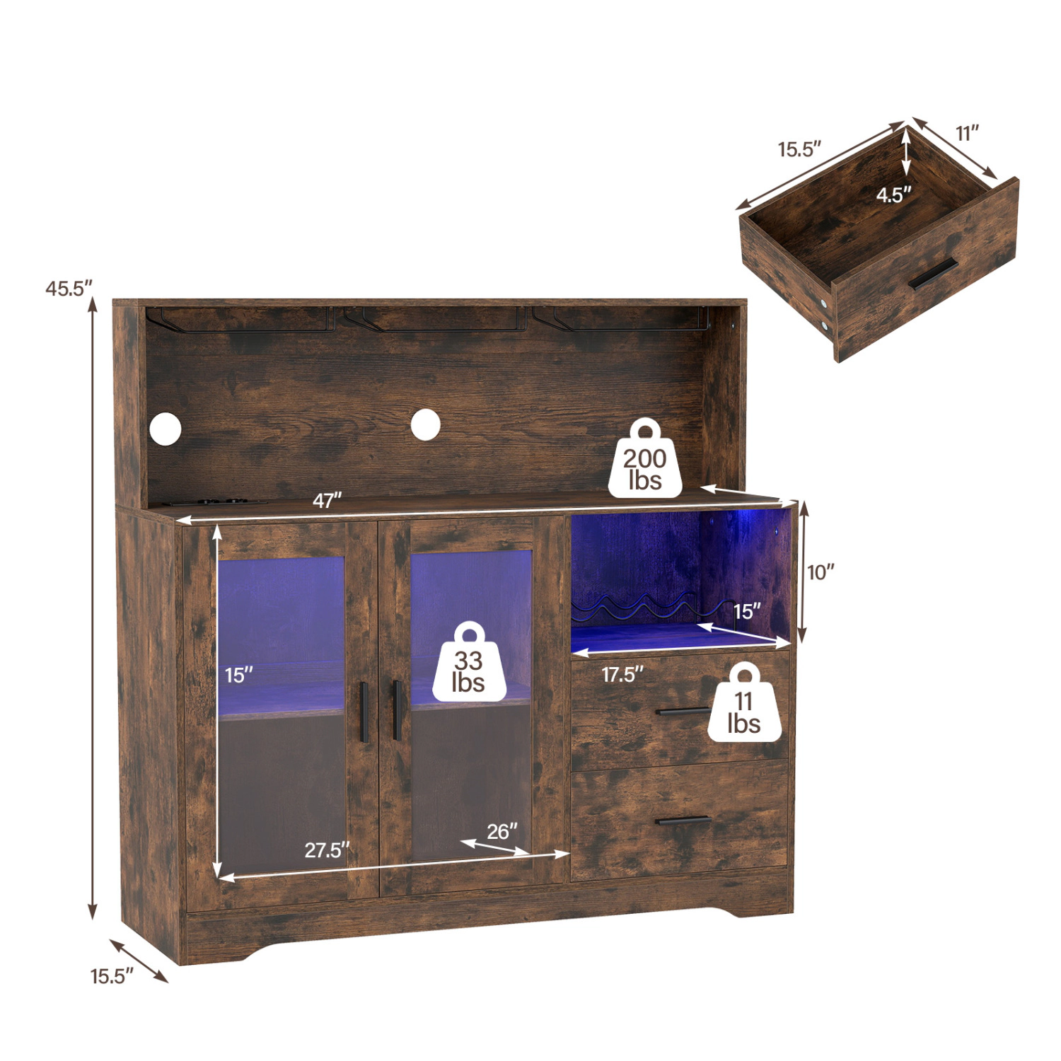LJG Wine Bar Cabinet with LED Lights and Charging Station