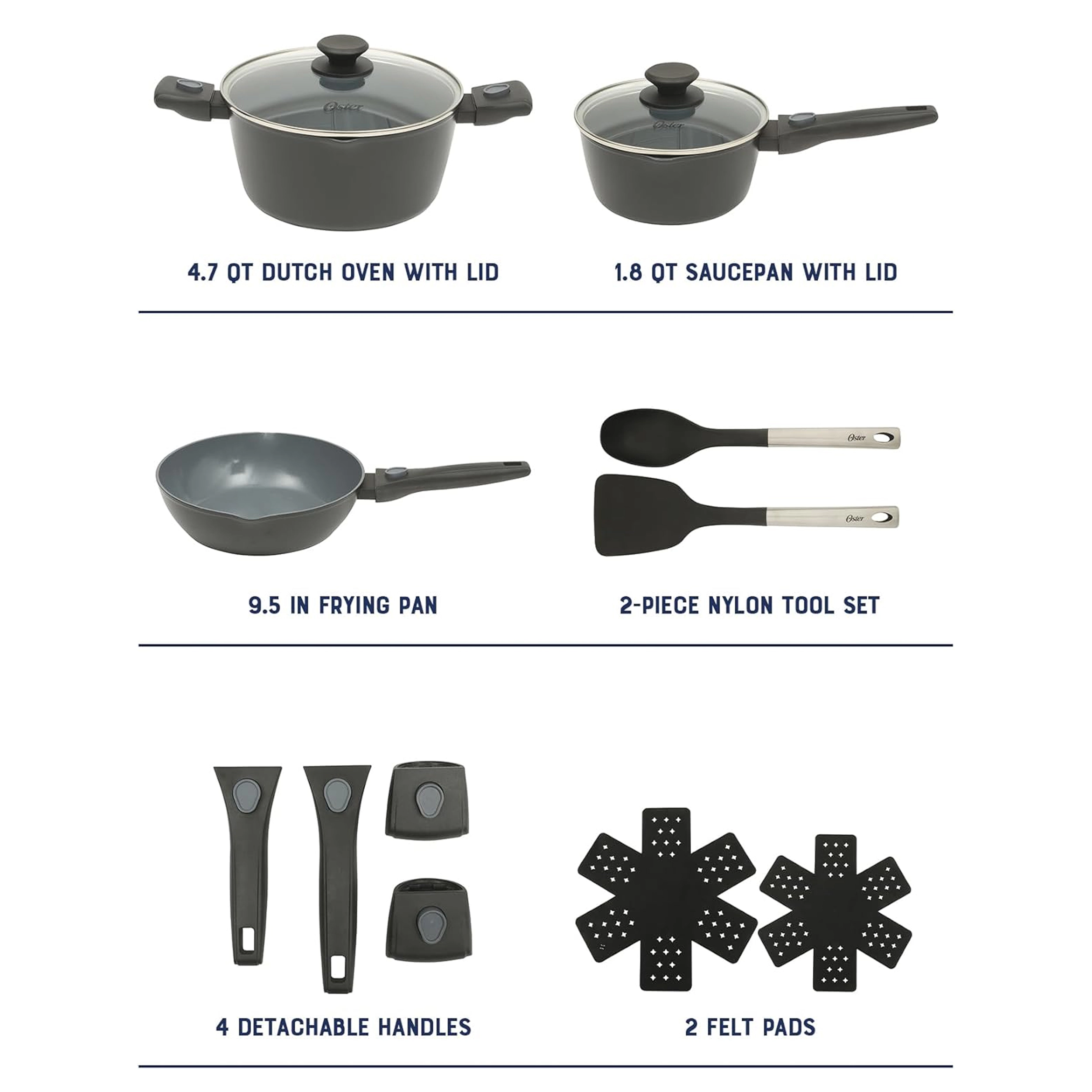 Oster SmartHandle Advance 13 Piece Nonstick Cookware Combo Set in Matte Black Grey
