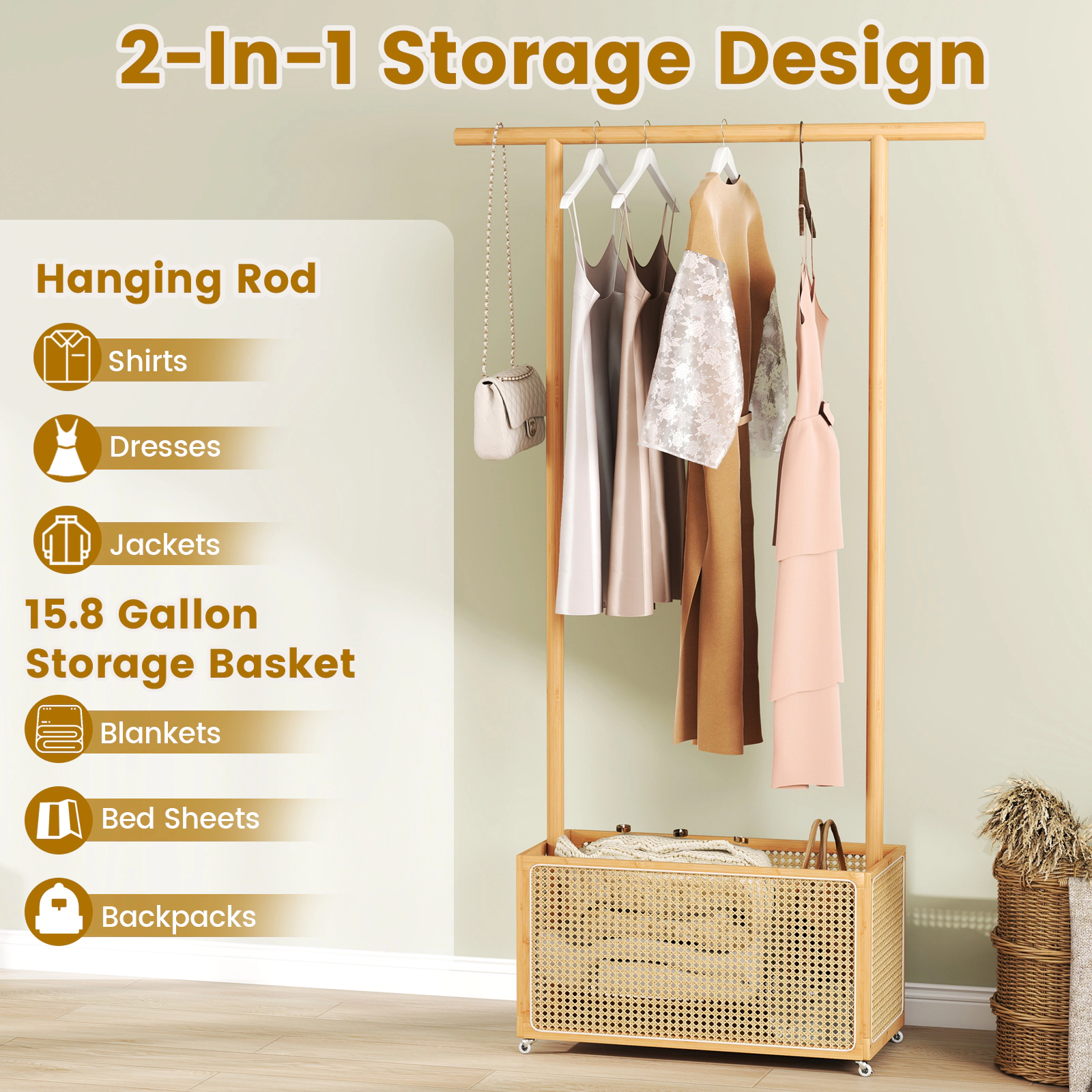 SUGIFT Bamboo Clothes Rack with Rattan Storage Basket and Wheels 45-lb Rod 65-lb Basket Capacity Natural & Brown
