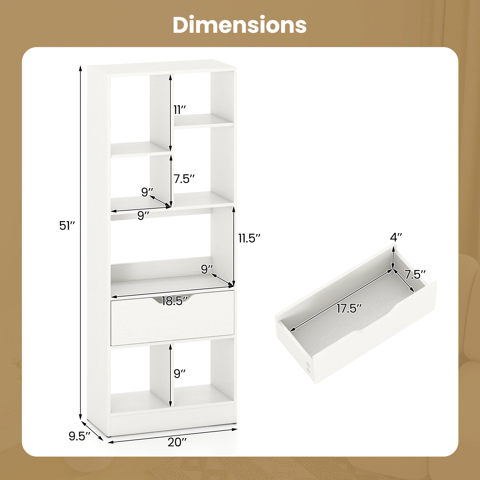 SUGIFT 7-Cube 51-in Tall Narrow Freestanding Bookshelf with Drawer Storage Organizer for Small Spaces