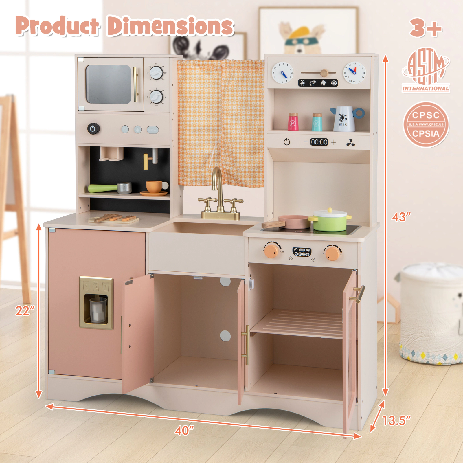 SUGIFT Kids Kitchen Playset with Microwave, Coffee Maker, Ice Maker and Oven Ages 3+ 36-in Tall Pink/White