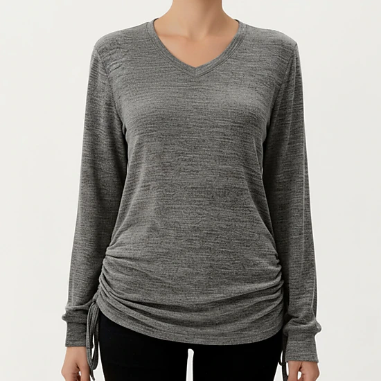 Anna-Kaci Women's V-Neck Side Drawstring Ruched Hem Long Sleeve Knit Top