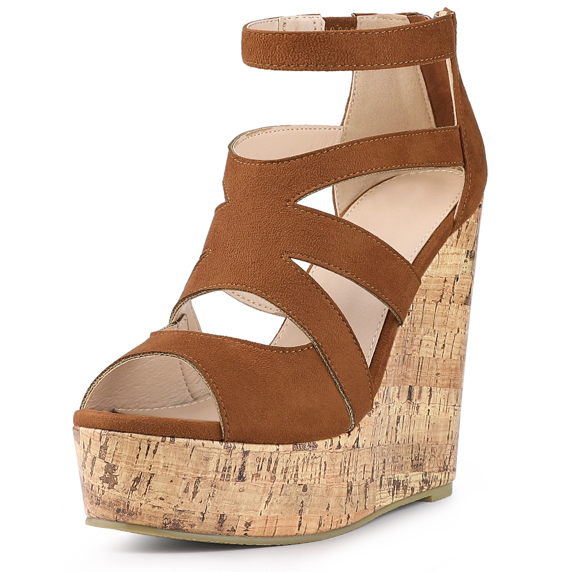 BLISSFUL STEP Women's Platform Peep Toe Cutout Caged Cork Wedge Heel Sandals