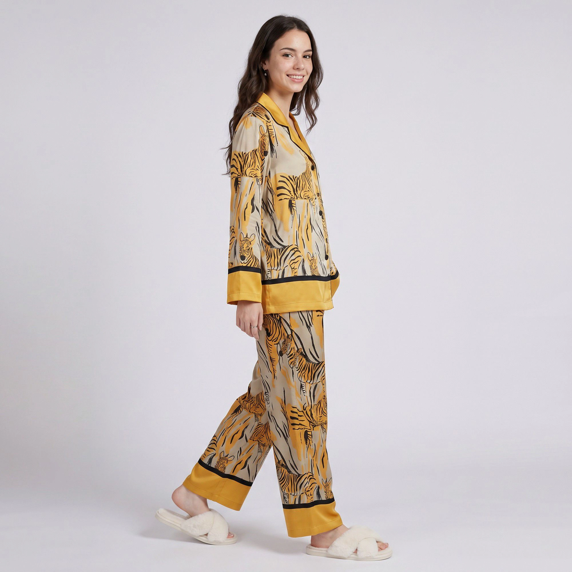 Anna-Kaci Women's 2-Piece Tiger Print Pajama Set with Button Front Top and Wide Leg Pants