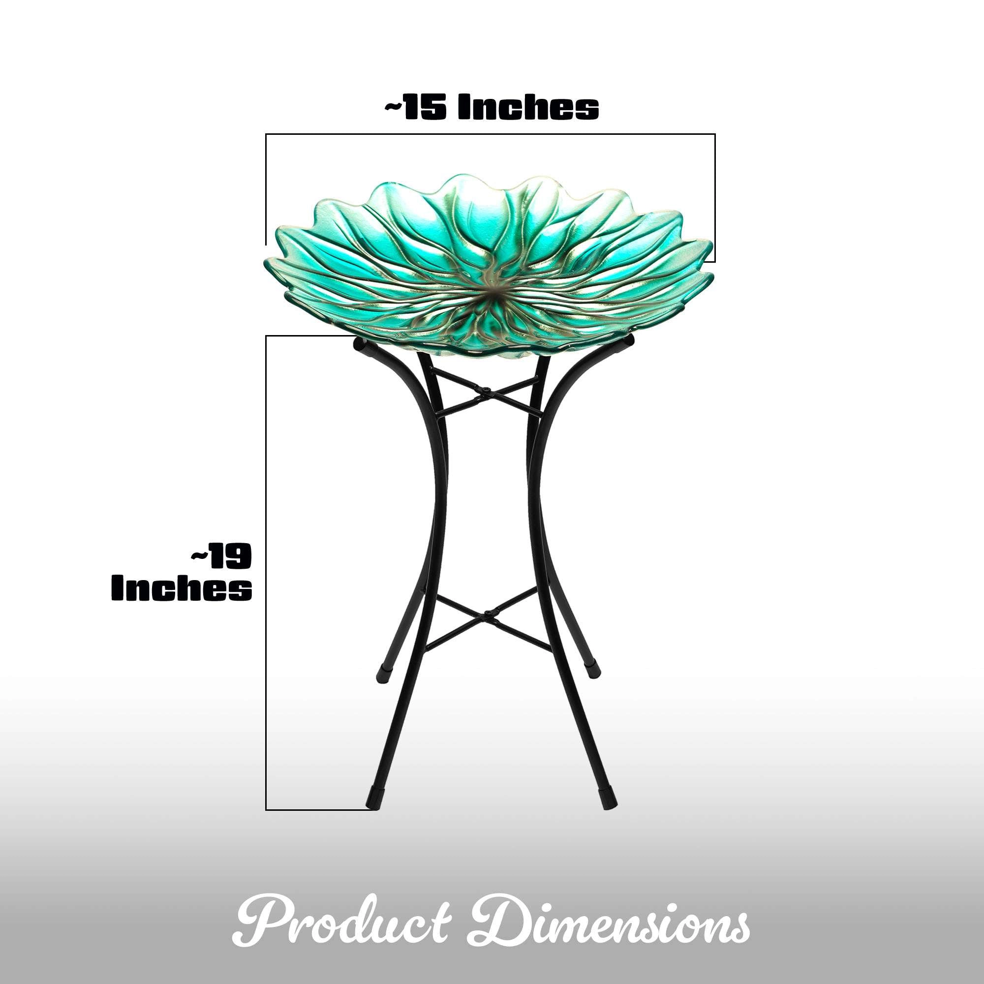 G128 19in Painted Glass Bird Bath with Metal Stand - Green Decorative Outdoor Feeder Bowl