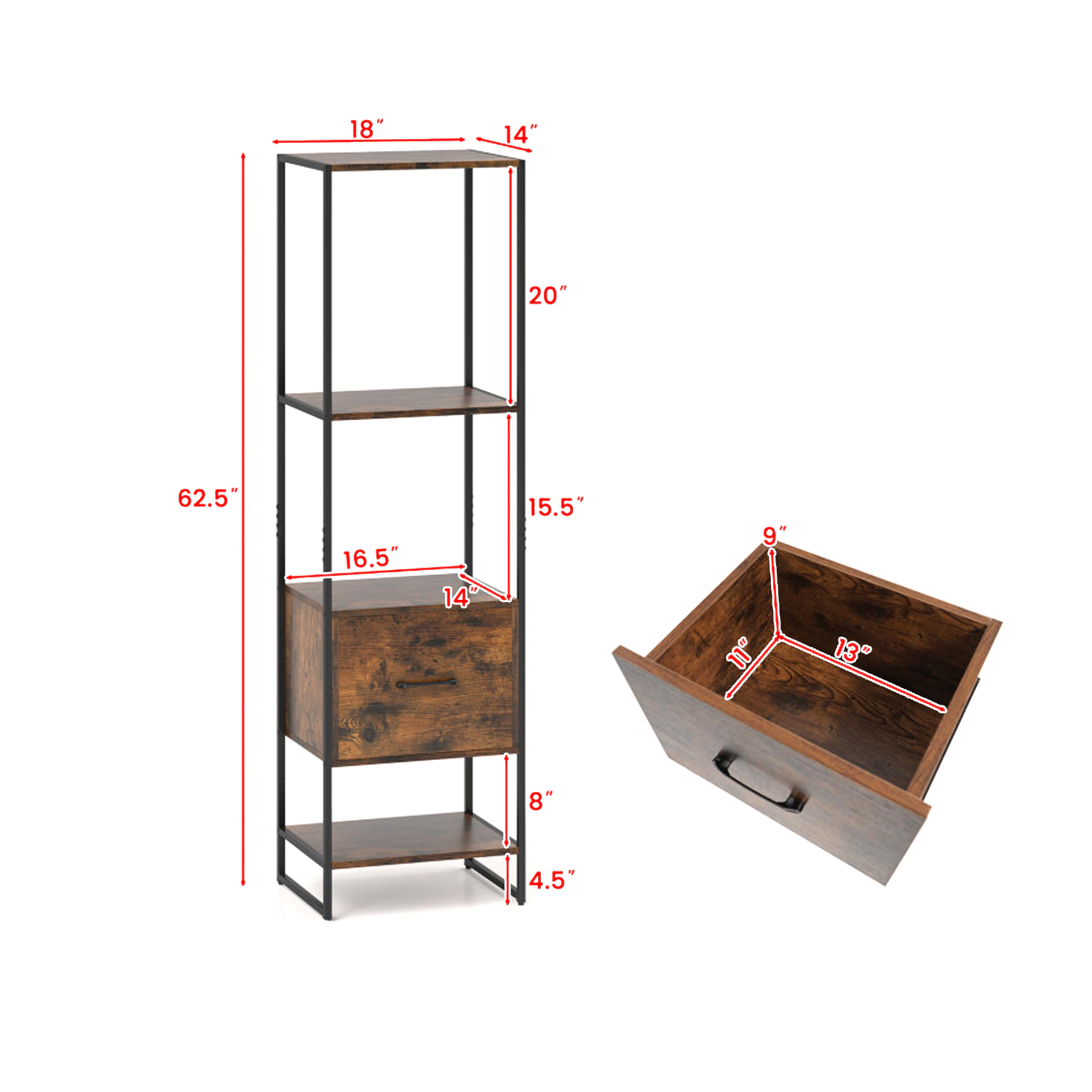 Hivvago Slim Freestanding Bookcase with Open Storage and Convenient Drawer