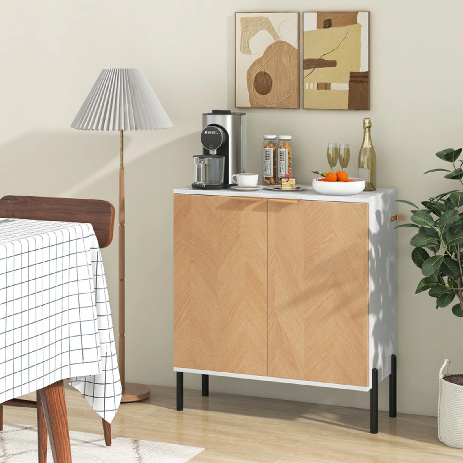 SUGIFT 2-Door Herringbone Panels Buffet Sideboard 27.5-in x 14.5-in x 31-in 275-lb Capacity White and Natural Wood
