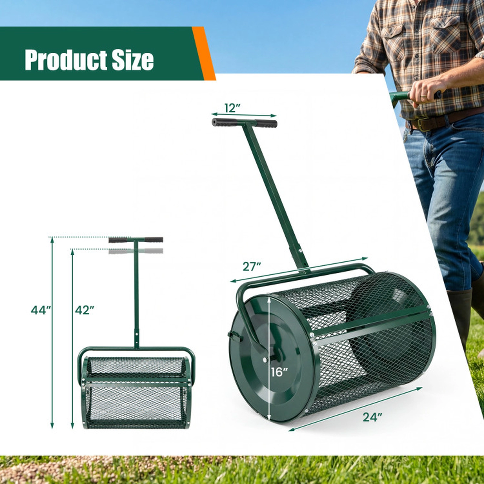 SUGIFT Compost Spreader Roller Garden Cart with 2.7 Cu.ft Basket Height-Adjustable T-Shape Handle Green