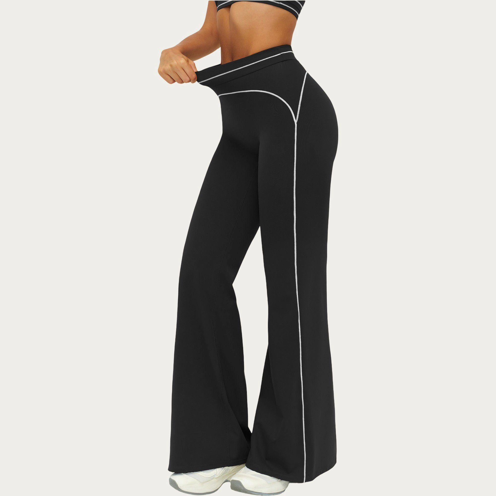 Anna-Kaci Active Women's High Waist Flare Leg Pants with Sculpting Fit and Contrast Seam Detailing