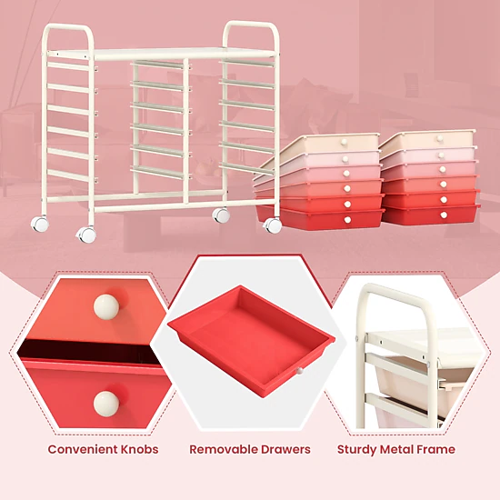 SUGIFT 34-in 12-Drawer Rolling Cart Home Office Supply Organizer with Removable Trays and Locking Wheels