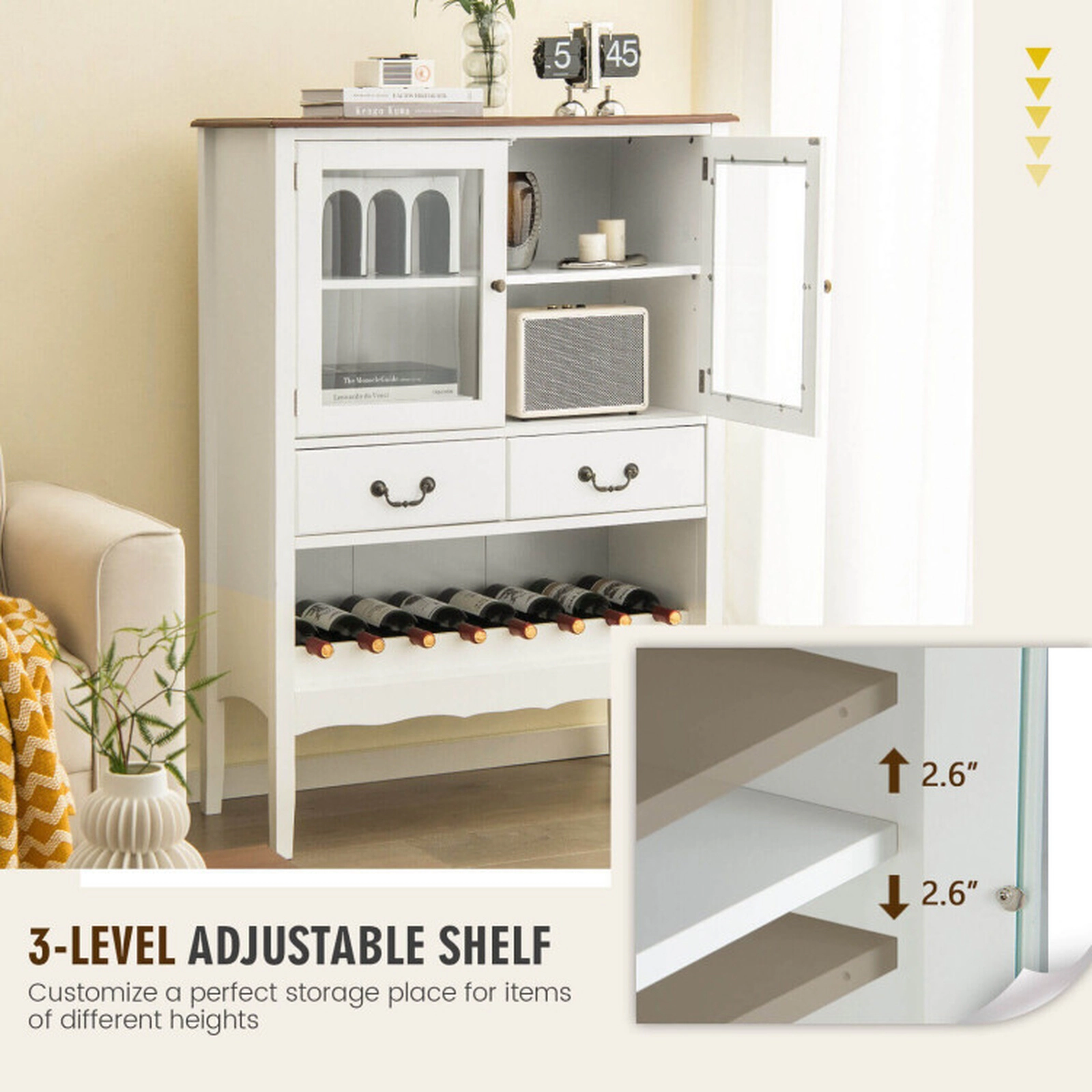 SUGIFT 36-in Wide Sideboard Buffet Cabinet with 2 Tempered Glass Doors and Open Wine Rack 310-lb Capacity White Brown
