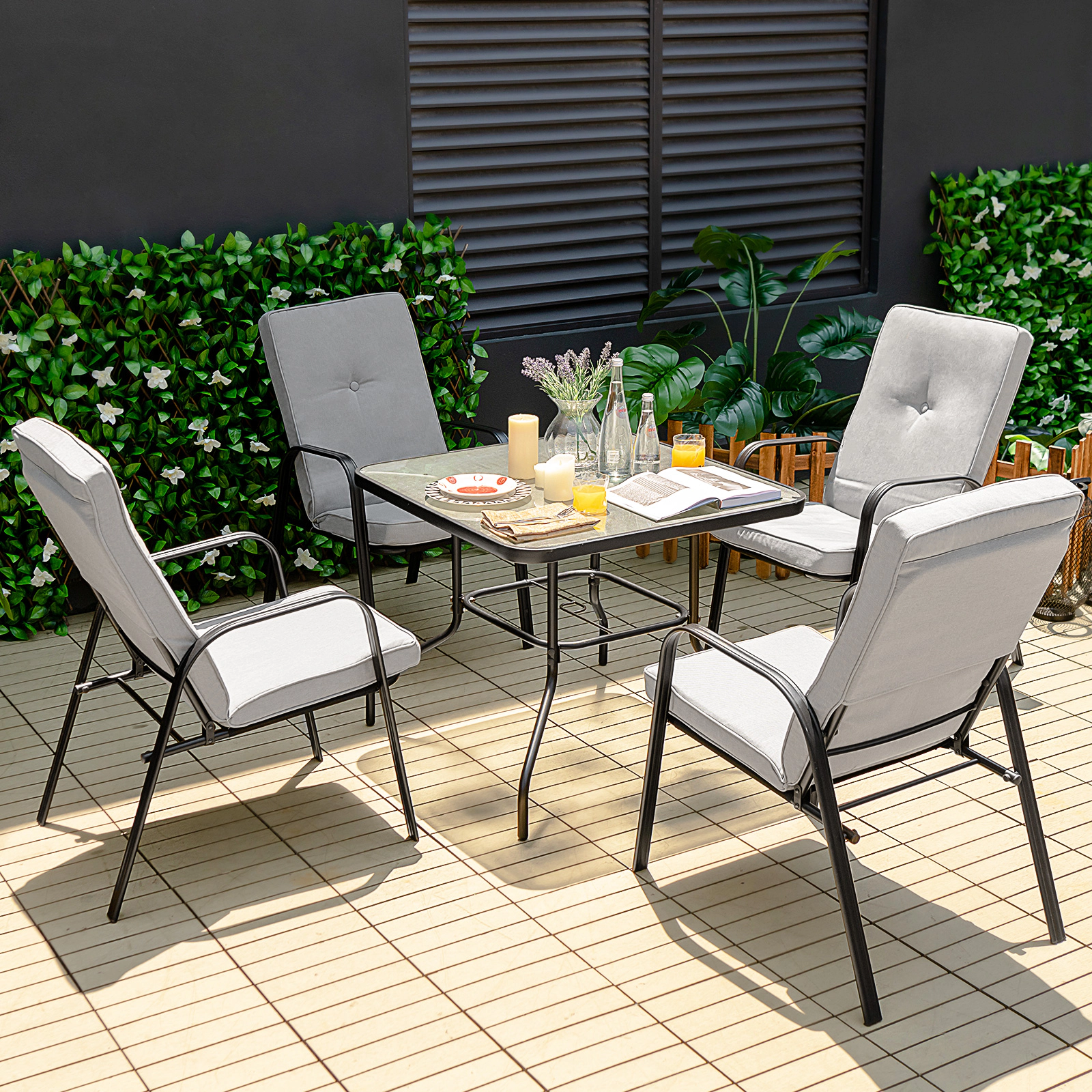 LJG 5 Pieces Outdoor Dining Set with 4 Stackable Chair and High-Back Cushions