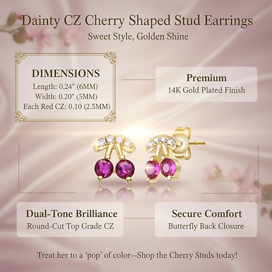 Megan Walford Girls' Dainty CZ Cherry Shaped Stud Earrings in 14K Gold ...