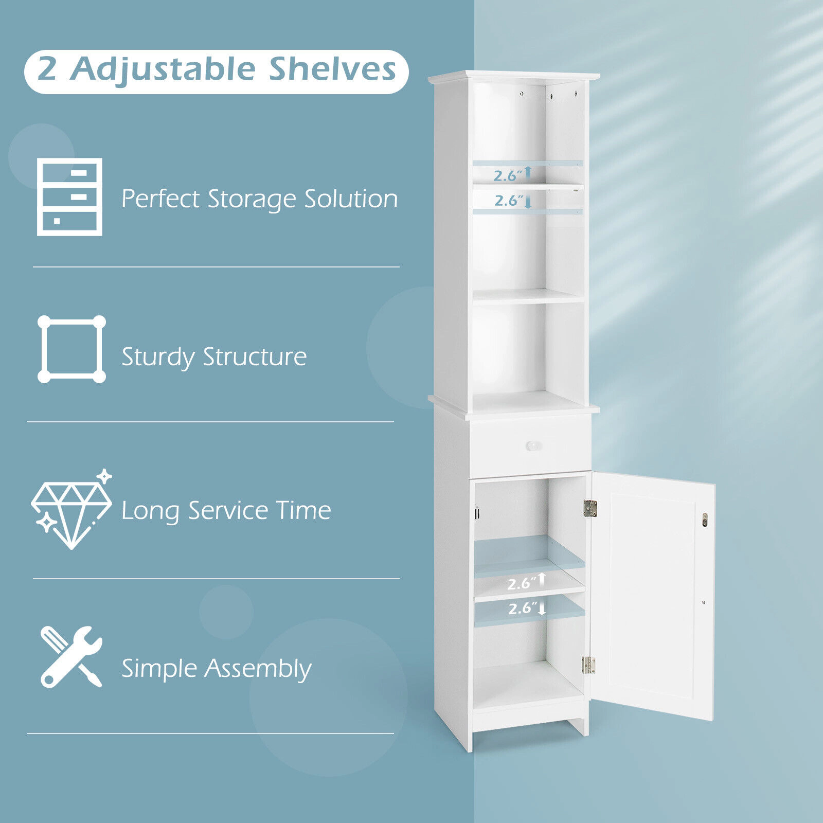 Slickblue Tall Bathroom Storage Cabinet White MDF Entryway Laundry Bathroom Drawer Shelves
