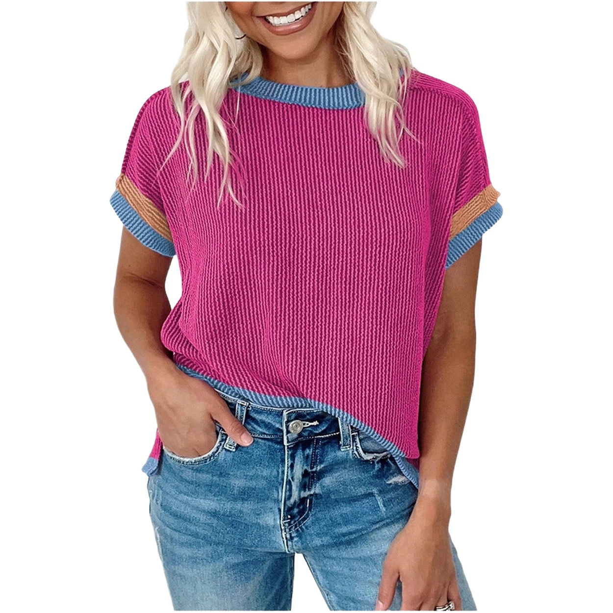 Sol Living Womens Textured Contrast Trim Round Neck T Shirt