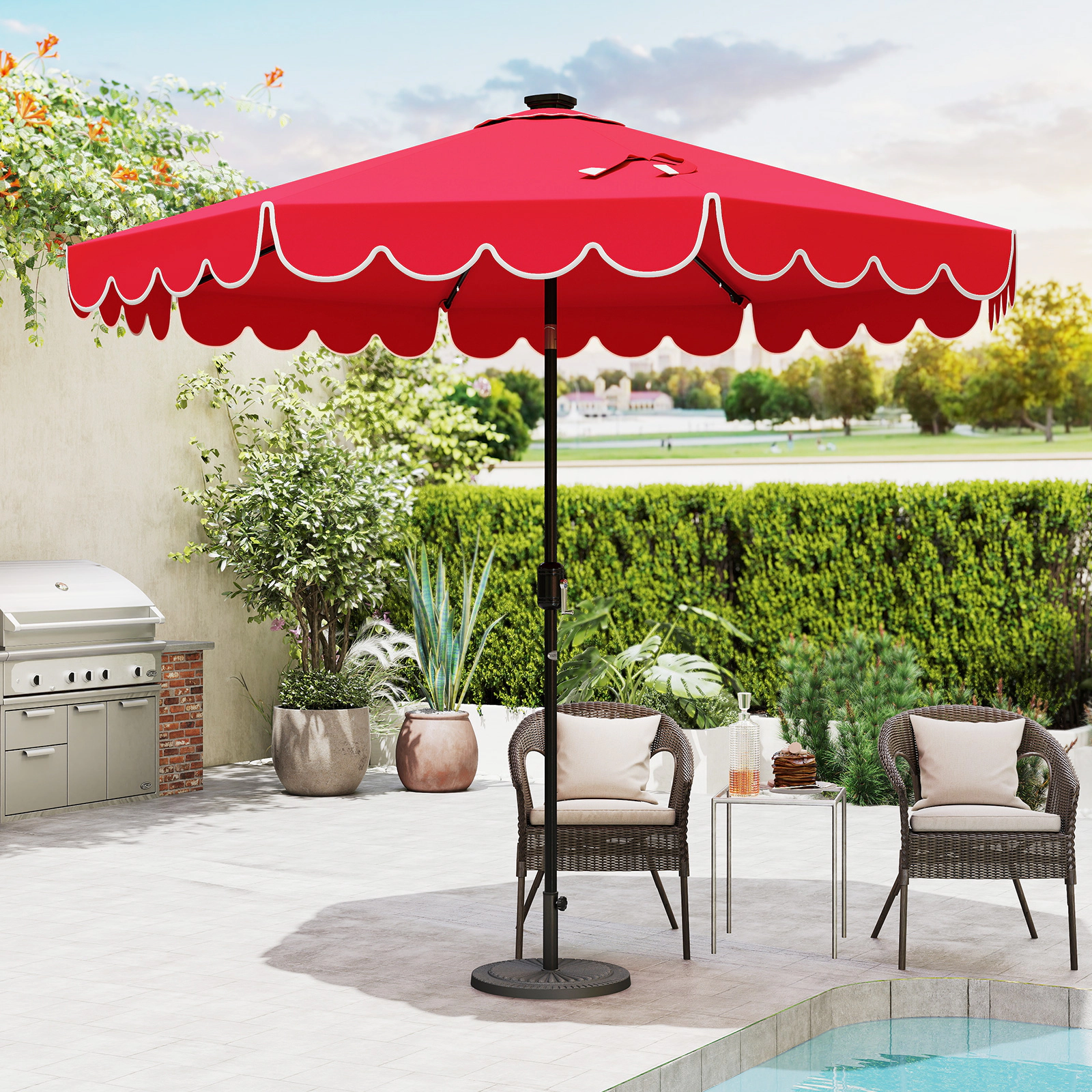 SUGIFT 9.3-ft Red Round Solar Patio Umbrella with 24 LED Lights Vented Top Push-Button Tilt and Ruffled Edge